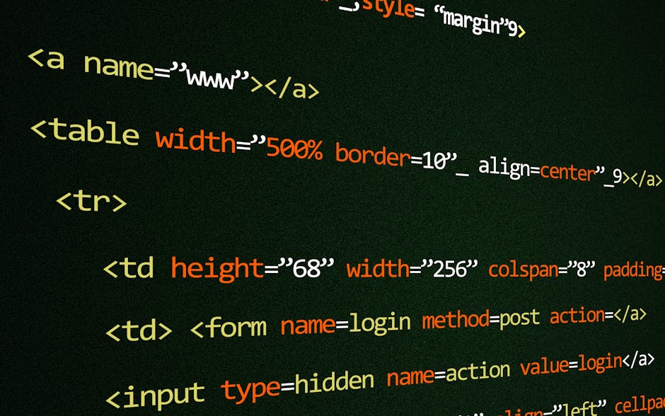 In the image, a close-up view of computer code displayed on a dark-themed screen is visible, with syntax highlighting in various colors including orange, green, blue, and red. The code features progra